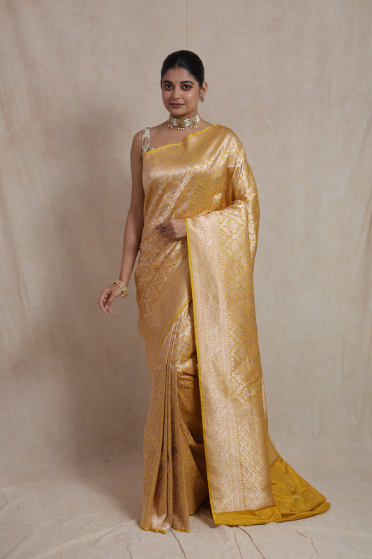 Golden Yellow Banarasi Silk Saree with Intricate Woven Floral Jaal