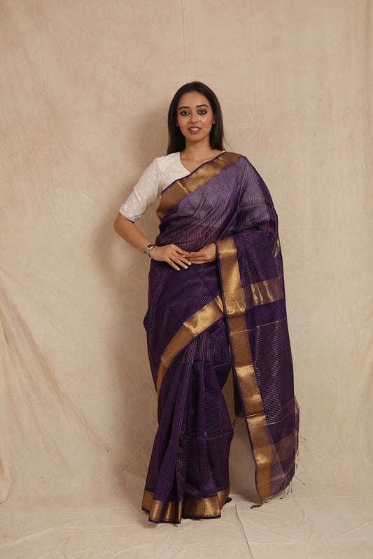 Royal Purple Maheshwari SICO Saree with Gold Woven Checks Border