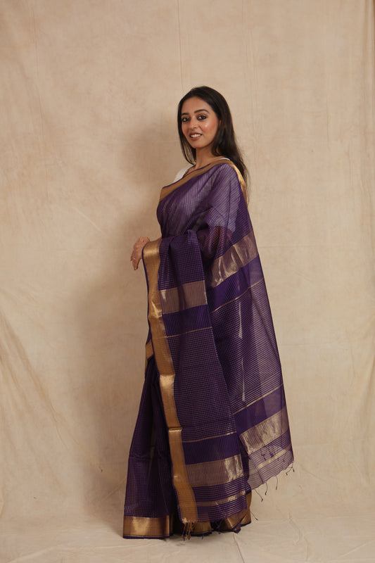 Royal Purple Maheshwari SICO Saree with Gold Woven Checks Border