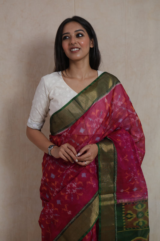 Close-up of Panchampali SICO saree highlighting woven motifs, contrast border, and elegant pallu