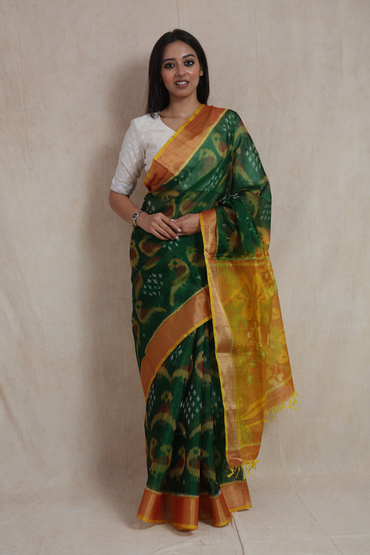 Emerald Green Pochampally SICO Saree with Mustard Floral Pallu