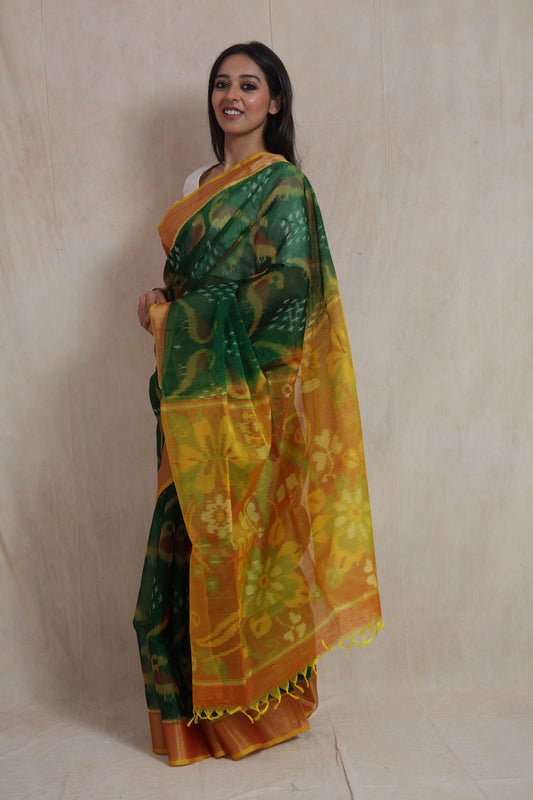 Emerald Green Pochampally SICO Saree with Mustard Floral Pallu