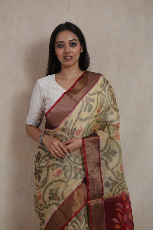 Elegant Beige Pochampally SICO Saree with Traditional Ikat Floral Motifs & Maroon Pallu