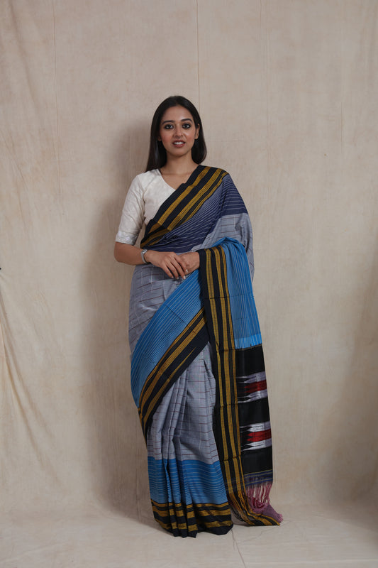 Full-length view of traditional Ilkal handloom cotton saree in grey and blue tones