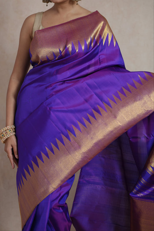 Royal Violet Kanjivaram Silk Saree with Antique Gold Zari Temple Border