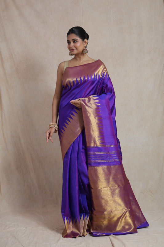 Royal Violet Kanjivaram Silk Saree with Antique Gold Zari Temple Border