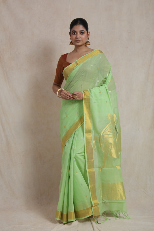 Mint green Kanchipuram cotton saree with woven buttas and traditional border