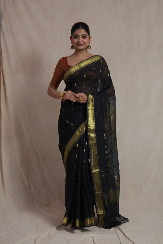 Front view of black Kanchipuram handloom cotton saree with woven motifs and contrast border