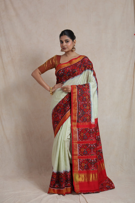 Ivory White Patola Silk Saree with Red Traditional Woven Border