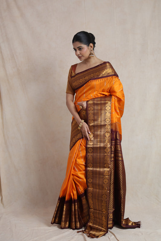 Side profile of a model wearing a burnt orange Gadwal silk saree featuring a rich contrast border and luxurious silk texture.