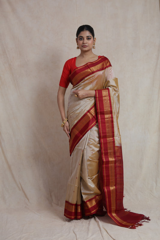 Model wearing elegant beige Kanchipuram Handloom SICO saree with maroon contrast border