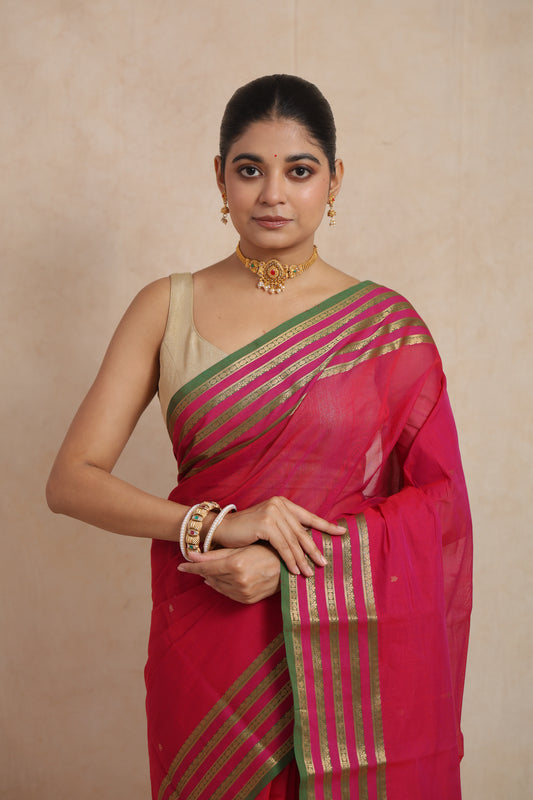 Rani Pink Kanchipuram Handloom Cotton Saree with Green Border & Traditional Woven Pallu