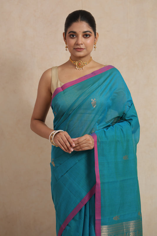Close-up of turquoise blue Kanchipuram cotton saree with woven buttas and magenta border
