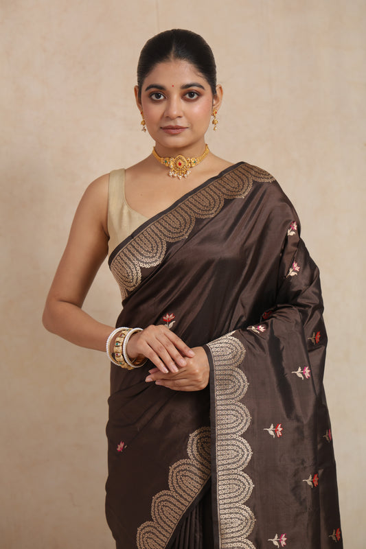 Portrait view of espresso brown Banarasi art silk saree highlighting the rich border and luxurious drape