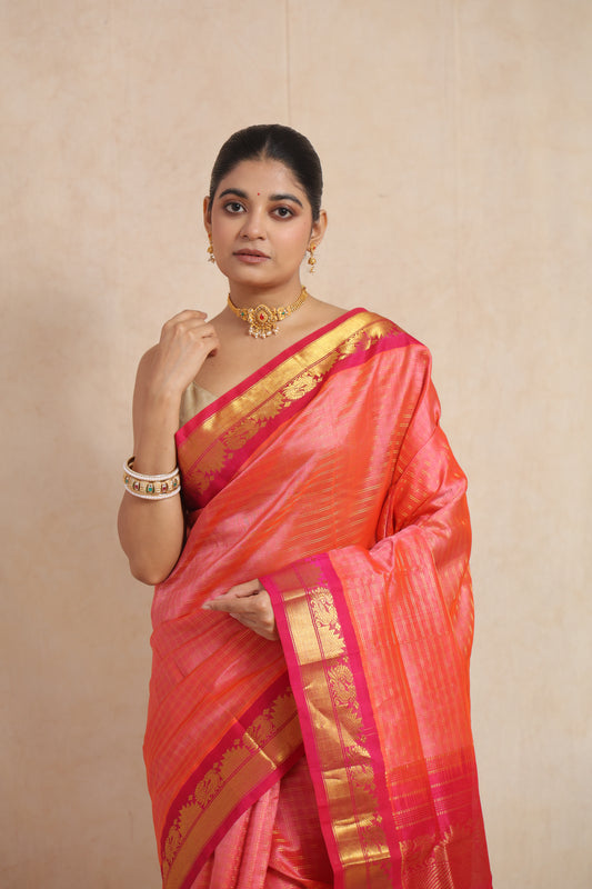 Close-up of coral pink Kanchipuram Handloom SICO saree highlighting the woven border and body