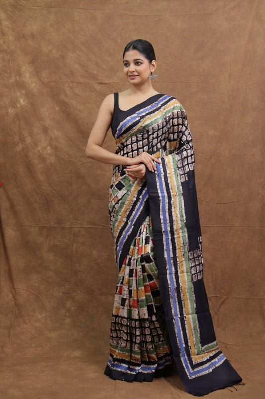 Navy Blue Handloom Cotton Saree with Multicolor Geometric Print