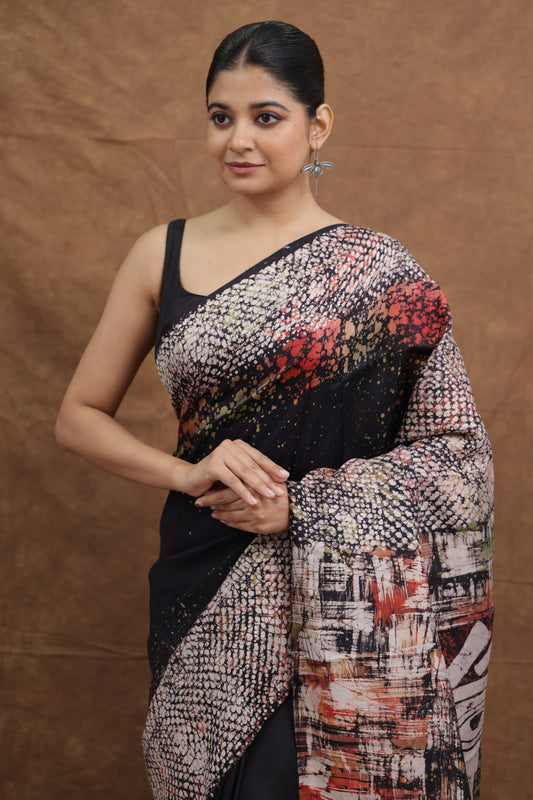 Black Handloom Cotton Saree with Abstract Multicolor Artistic Print