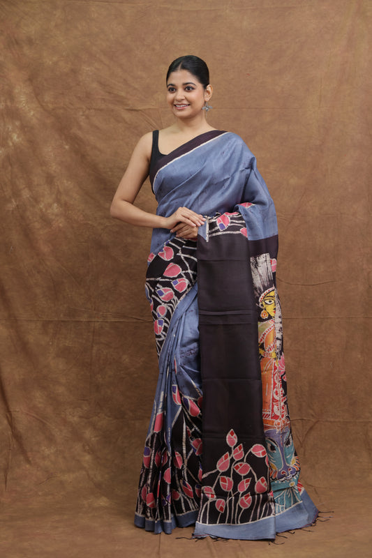 Slate Blue Handloom Cotton Saree with Floral & Artistic Print