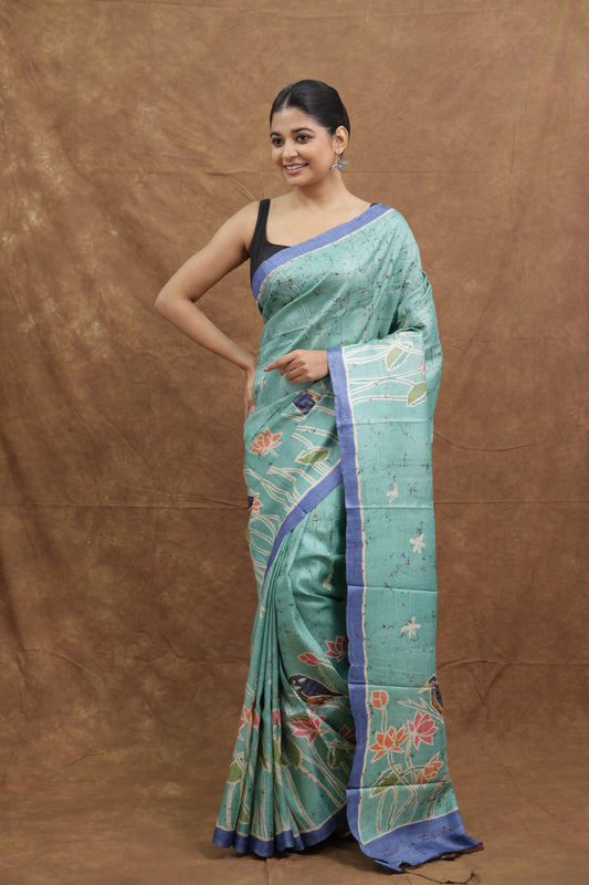 Sea Green Handloom Cotton Saree with Floral Woven Motifs