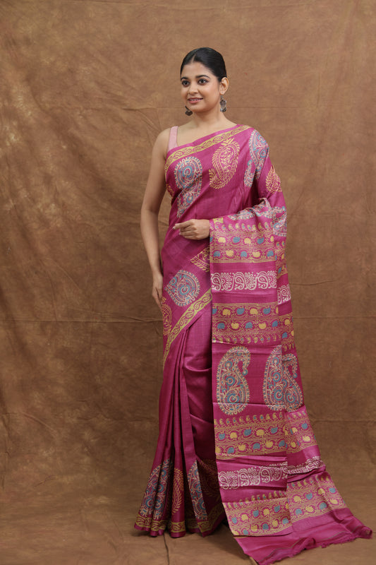 Fuchsia Pink Handloom Cotton Saree with Traditional Paisley Motifs