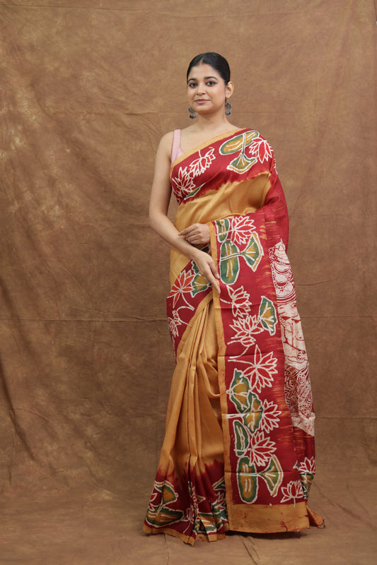 Crimson Red & Mustard Batik Silk Saree with Handcrafted Floral Art
