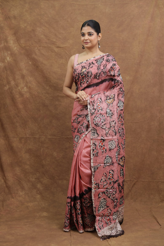 Blush Pink Batik Tussar Saree with Handcrafted Tribal Art Print