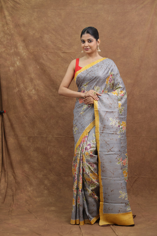Grey Batik Tussar Saree with Floral Nature-Inspired Print