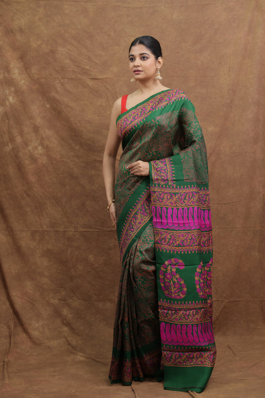 Handcrafted Green & Black Batik Block Print Tussar Silk Saree with Magenta Pallu