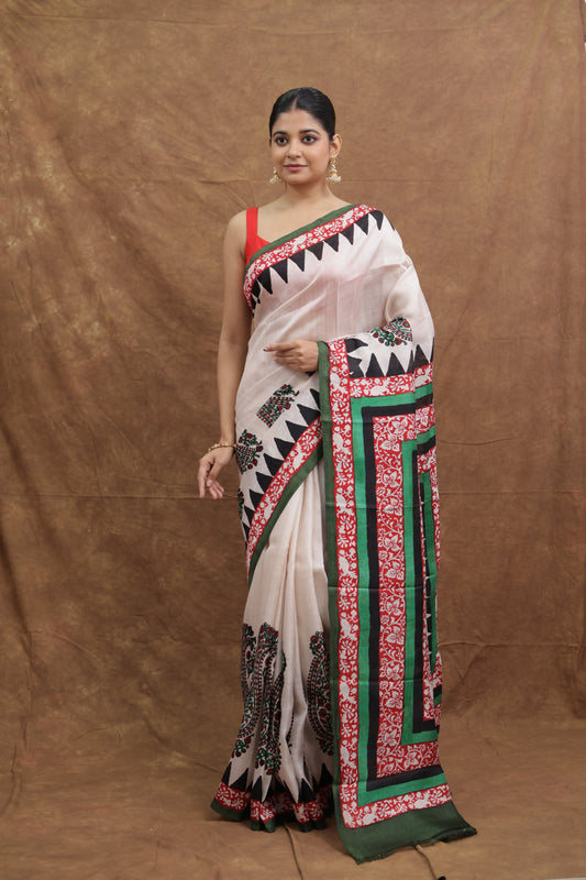 Ivory Batik Silk Saree with Green Border & Artistic Paisley Pallu