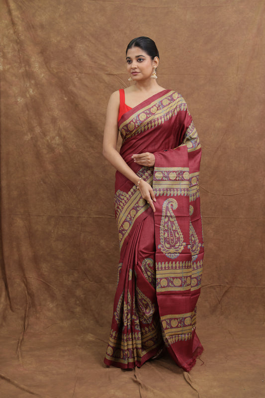 Dusty Rose Batik Tussar Saree with Paisley Motif Border