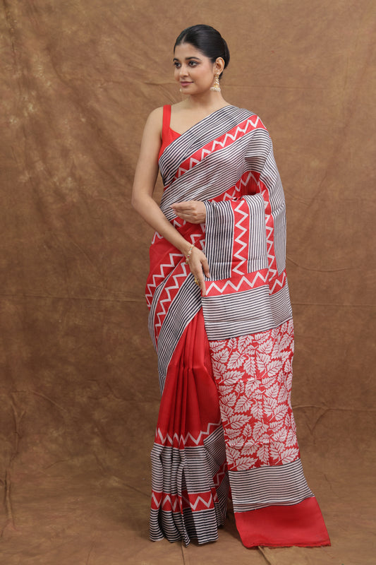 Ruby Red Garad Silk Saree with Black & Ivory Woven Border