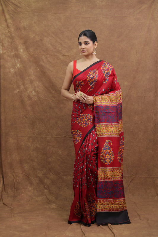 Crimson Red Batik Silk Saree with Heritage Paisley Pallu