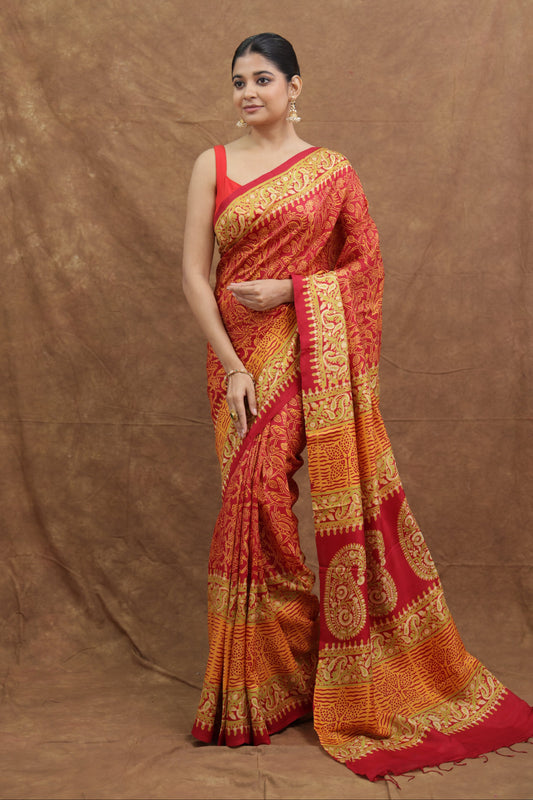 Crimson Red Batik Silk Saree with Mustard Paisley Pallu