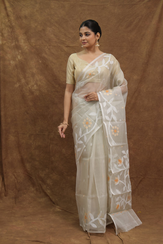 Ivory Handwoven Jamdani Muslin Saree with Floral Woven Motifs