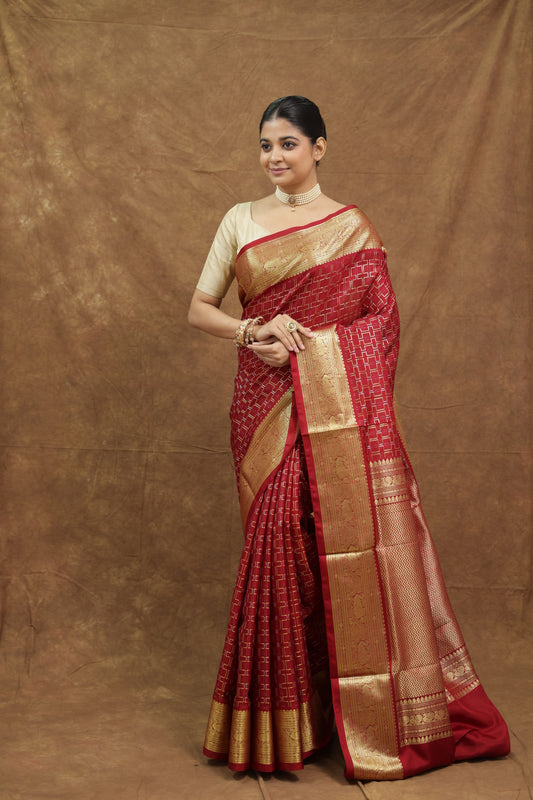 Ruby Red Venkatgiri Silk Saree with Golden Border & Rich Pallu