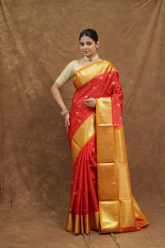 Crimson Red Venkatgiri Silk Saree with Gold Woven Border & Rich Pallu