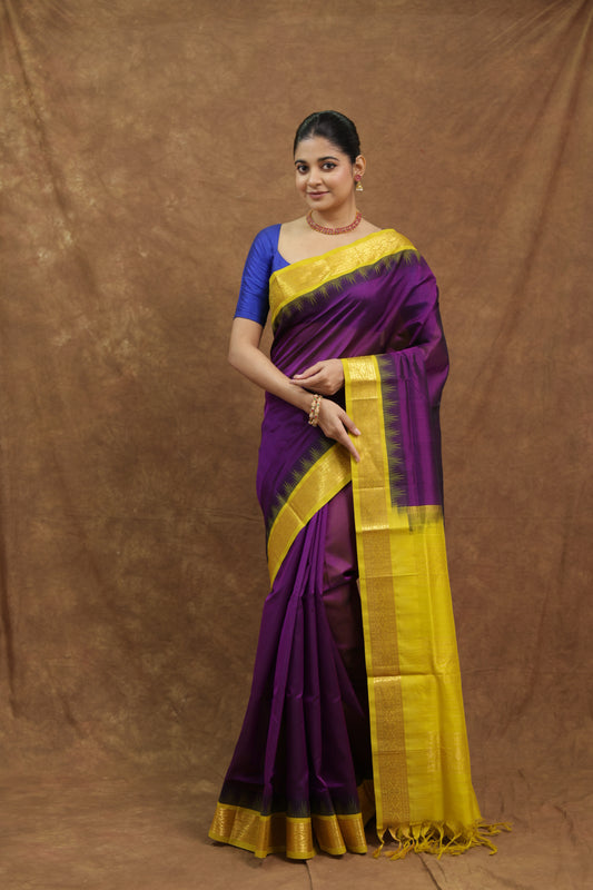 Royal Purple Kanchipuram SICO Saree with Mustard Yellow Border & Rich Pallu