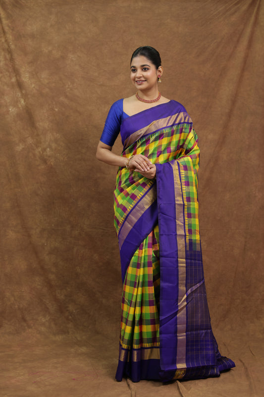 Multicolour Checked Kanjeewaram Silk Saree with Royal Purple Border & Rich Pallu