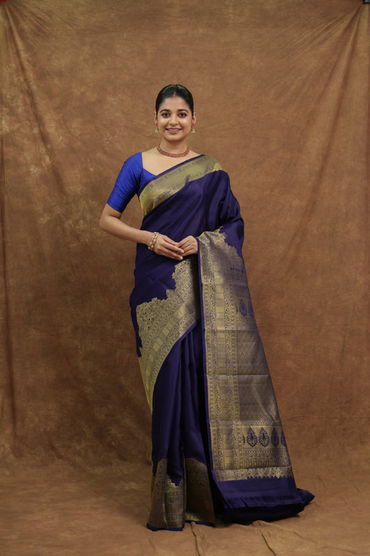 Royal Navy Blue Kanjeewaram Silk Saree with Antique Gold Woven Border & Rich Pallu