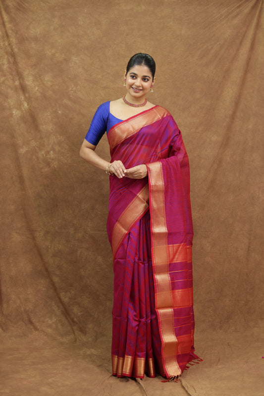 Rani Pink Maheshwari SICO Saree with Gold Woven Border & Rich Pallu