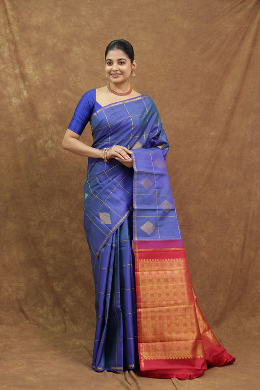 Royal Blue Kanjeewaram Silk Saree with Coral Orange Border & Rich Woven Pallu