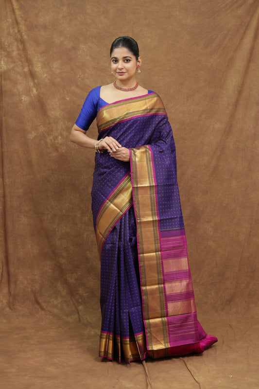 Royal Purple Kanjeewaram Silk Saree with Mustard Gold Border & Magenta Pallu