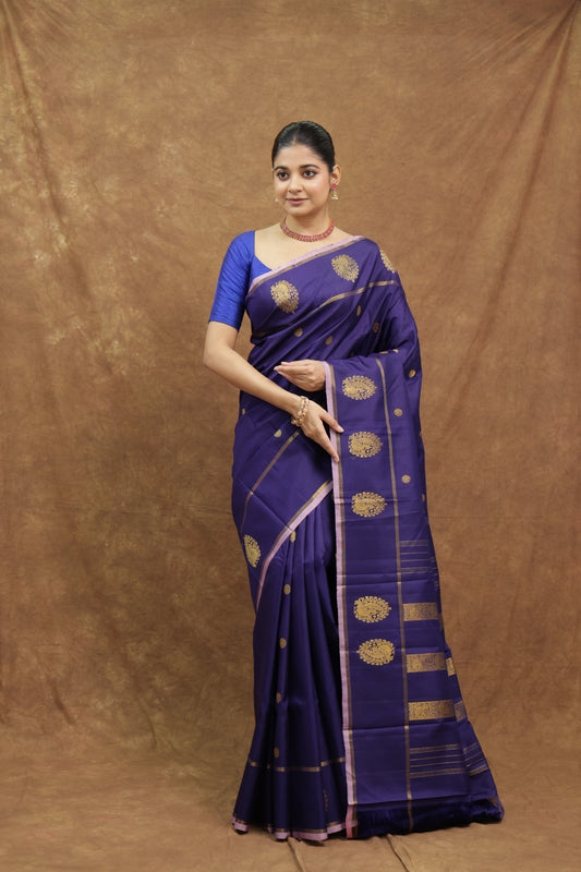 Royal Indigo Kanjeewaram Silk Saree with Antique Gold Motifs & Rich Woven Pallu