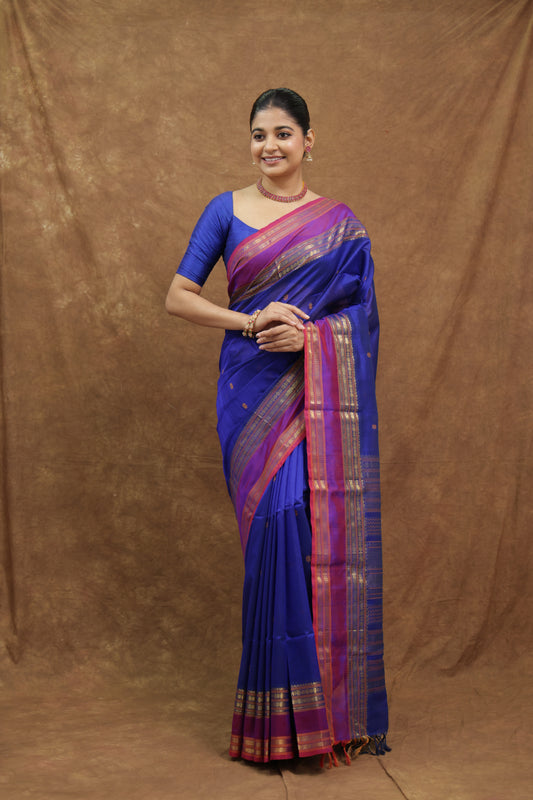 Royal Blue Kanchipuram Silk Saree with Magenta Border & Gold Woven Pallu
