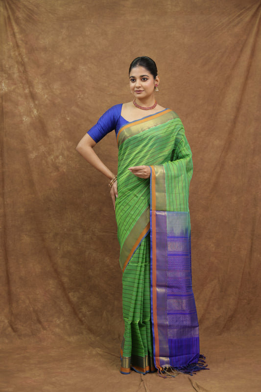 Parrot Green Kanchipuram SICO Saree with Royal Blue Border & Rich Woven Pallu