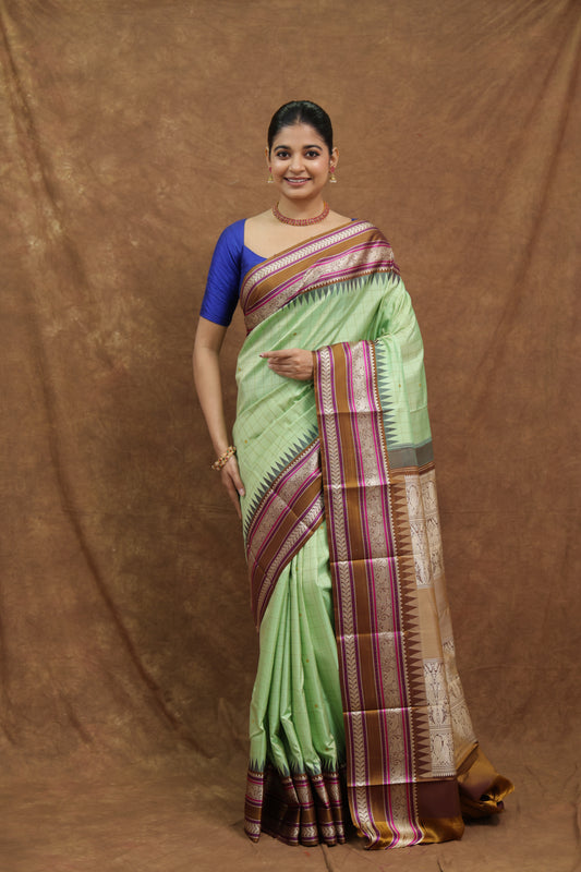 Mint Green Kanjeewaram Silk Saree with Maroon Border & Rich Woven Pallu