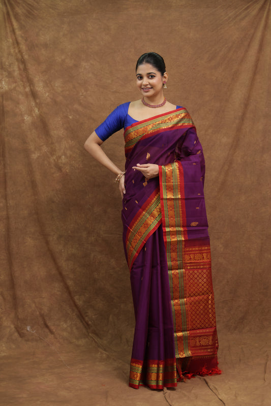 Royal Purple Gadwal SICO Saree with Mustard Gold Border & Rich Woven Pallu
