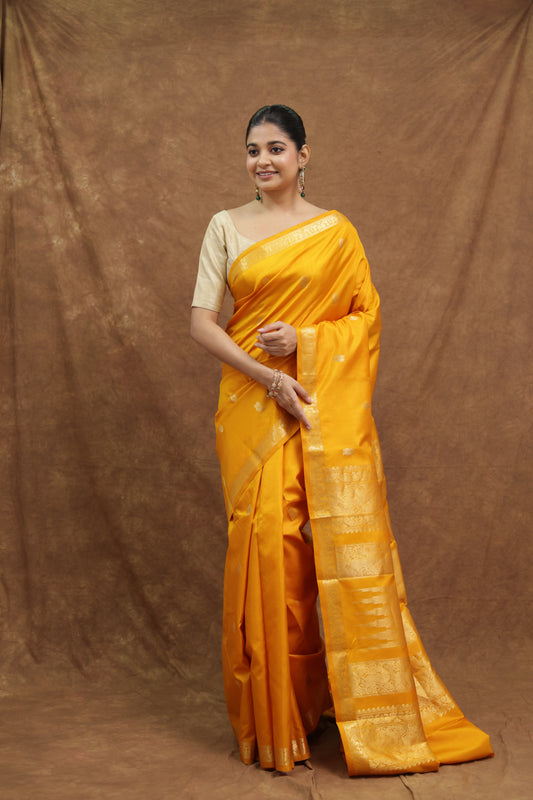 Mustard Yellow Kanjeewaram Silk Saree with Gold Woven Border & Rich Pallu