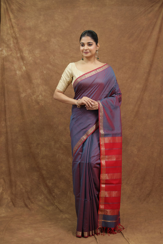 Dusty Purple Maheshwari SICO Saree with Crimson Red Border & Striped Pallu