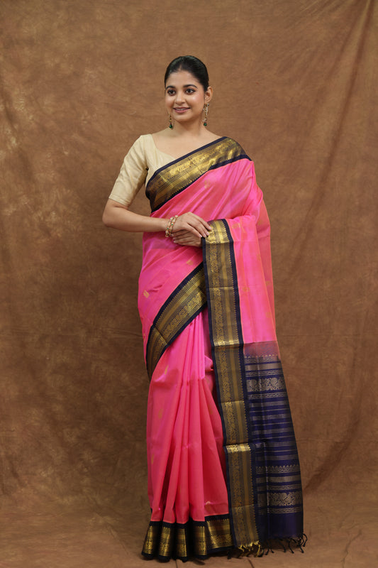 Rani Pink Kanchipuram SICO Saree with Olive Green Border & Rich Checked Pallu